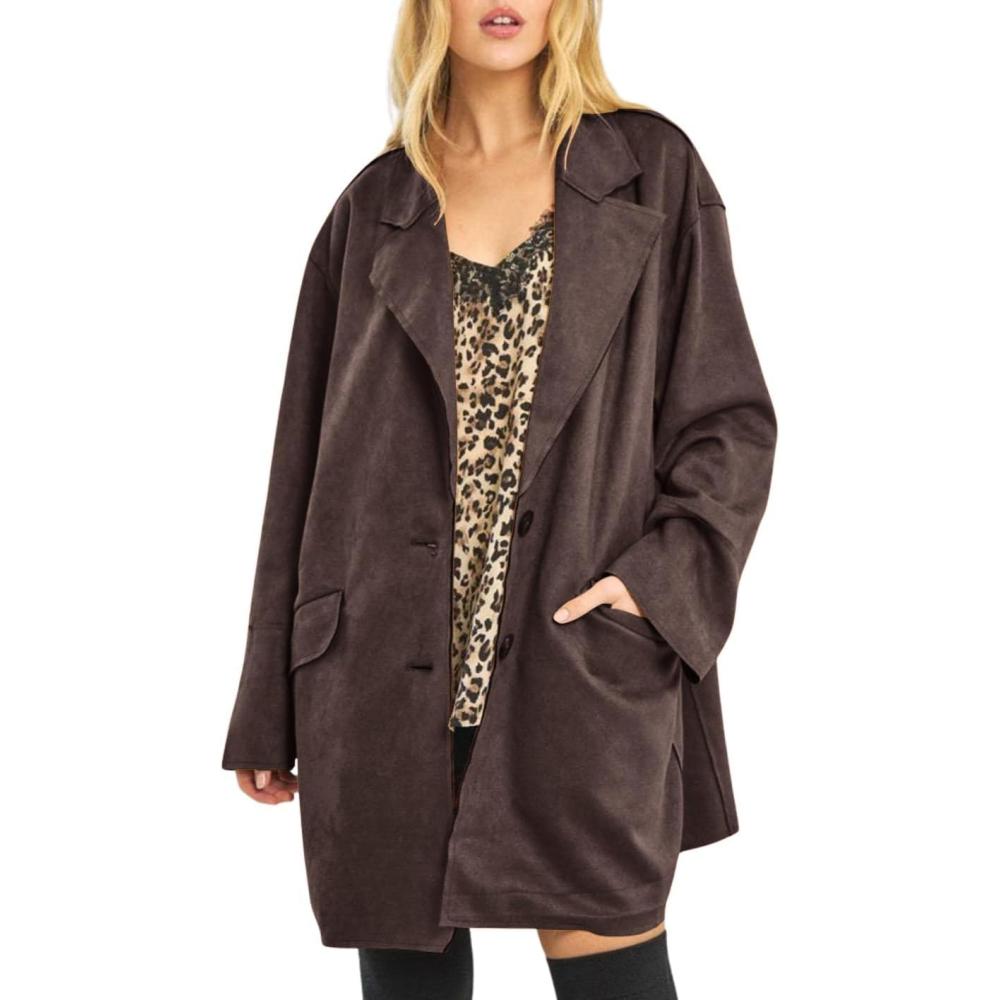 imagechouyatou Women Fall Notch Lapel Faux Suede Leather Trench Coat Overcoat Business Casual Midi Long Pea CoatCoffee