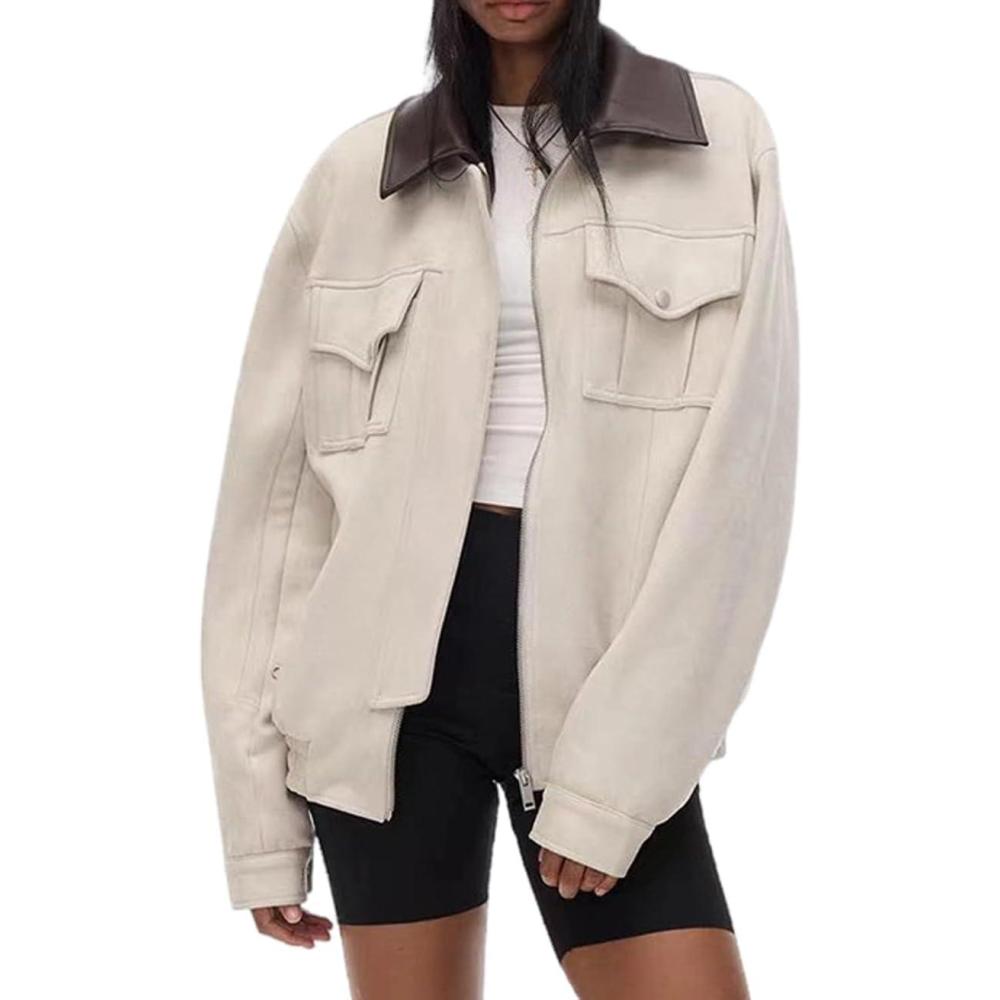 imagechouyatou Women Fall Western Faux Leather Suede Bomber Jacket Casual Motorcycle Jacket Zip Up Barn JacketOffwhite
