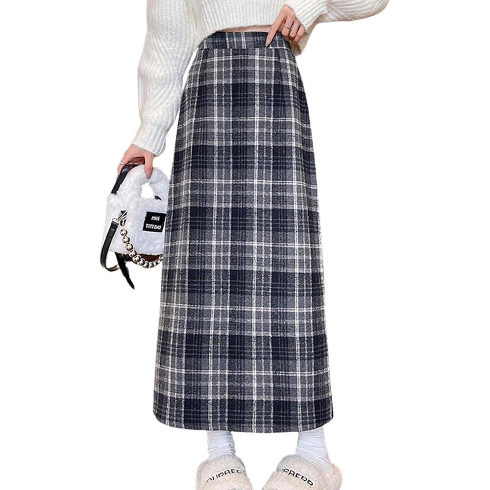 imagechouyatou Women Fall Winter Elastic High Waist Plaid Skirt ALine Maxi Long Wool Pencil Skirt with SplitBlue