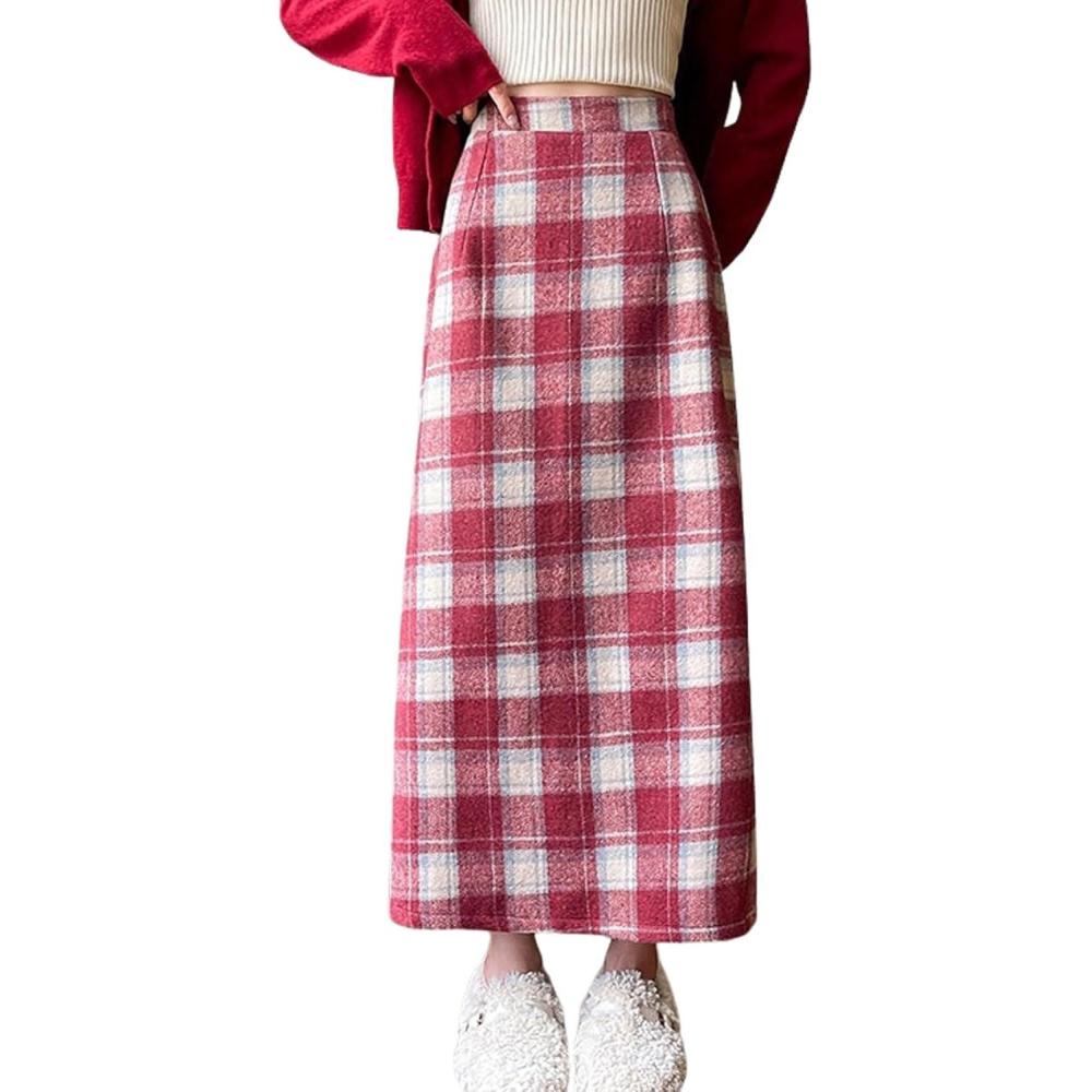 imagechouyatou Women Fall Winter Elastic High Waist Plaid Skirt ALine Maxi Long Wool Pencil Skirt with SplitRed