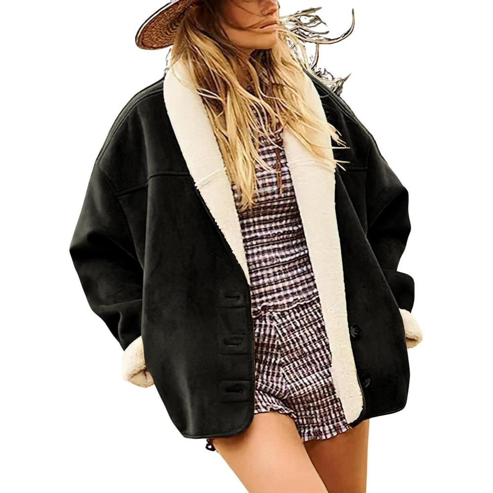 imagechouyatou Women Shawl Collar Sherpa Lined Faux Suede Leather Jacket Motorcycyle Dressy Casual Winter CoatBlack