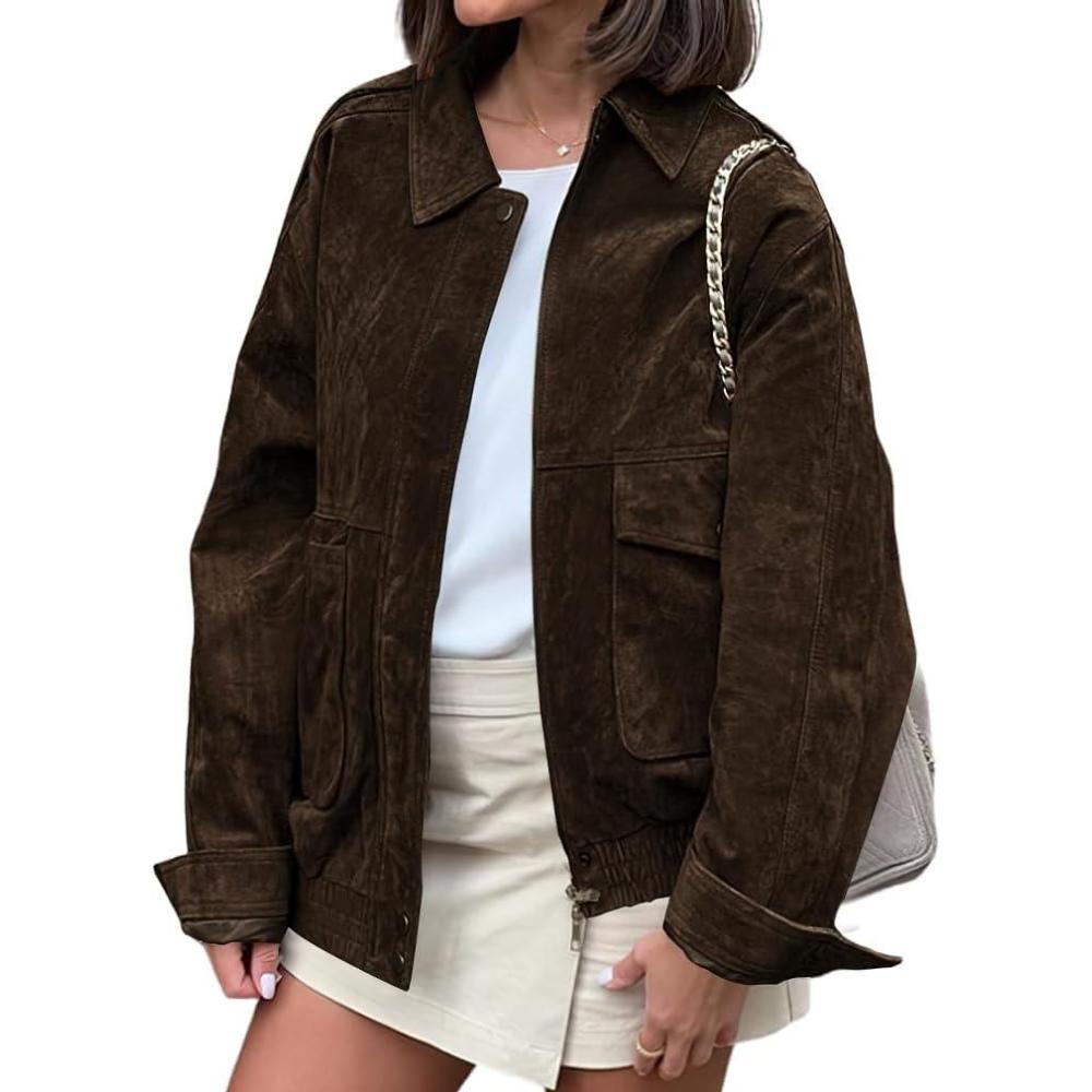 imagechouyatou Women Vintage Faux Suede Jacket Zip Up Bomber Jacket Lapel Collar Cropped Biker Moto Jacket CoatCoffee