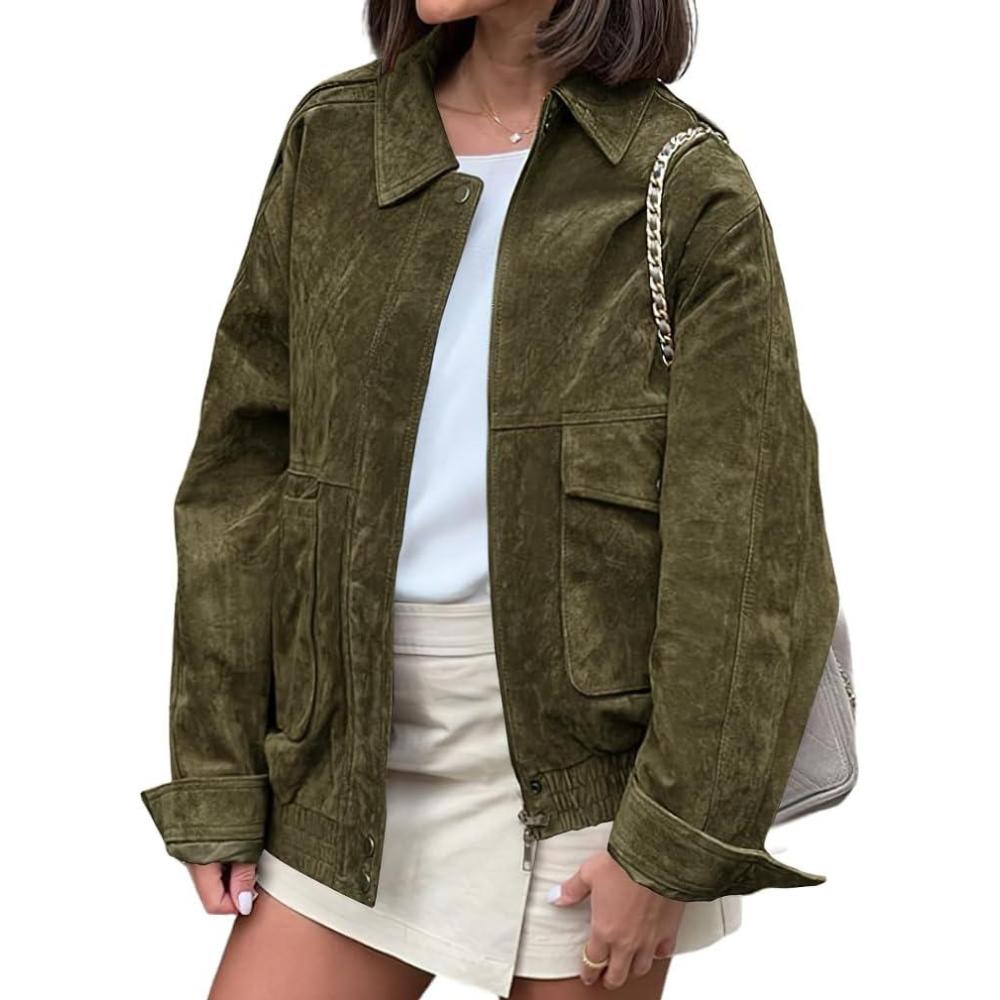imagechouyatou Women Vintage Faux Suede Jacket Zip Up Bomber Jacket Lapel Collar Cropped Biker Moto Jacket CoatGreen