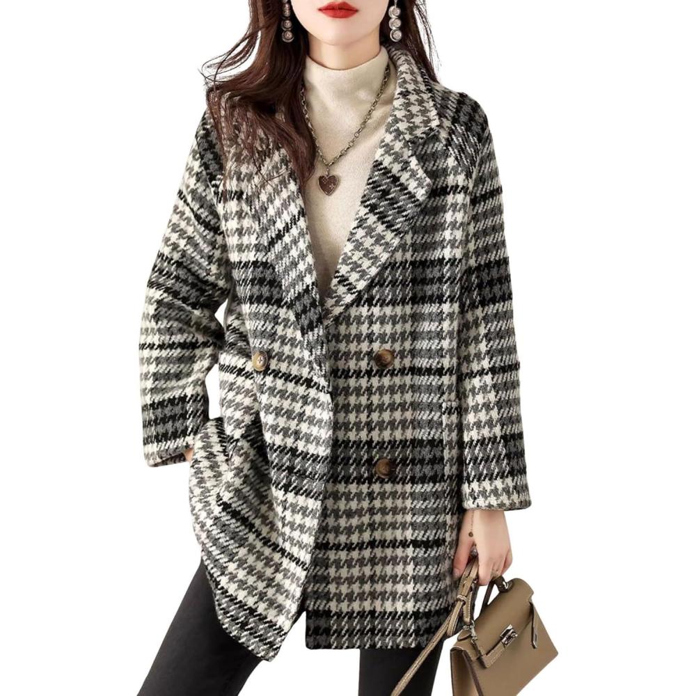 imagechouyatou Women Winter Notch Lapel Wool Blazer Trench Coat Plaid Double Breasted Business Causal PeacoatGrey