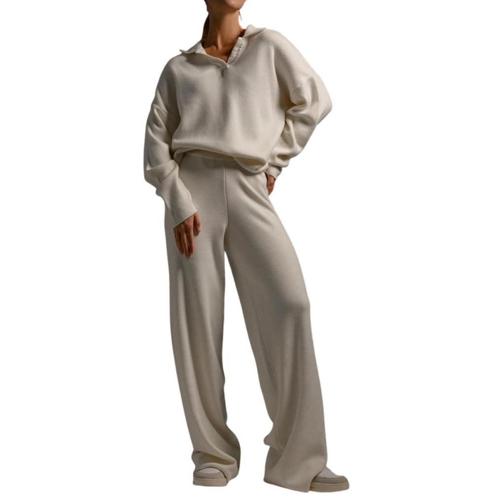imagechouyatou Womens 2 Piece Lounge Sets Polo Collared Sweater Full Length Pant Two Piece Sweater Pant OutfitsBeige