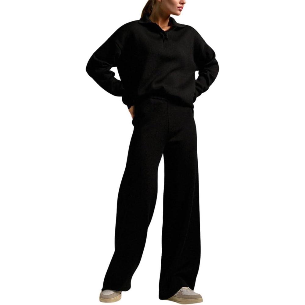 imagechouyatou Womens 2 Piece Lounge Sets Polo Collared Sweater Full Length Pant Two Piece Sweater Pant OutfitsBlack