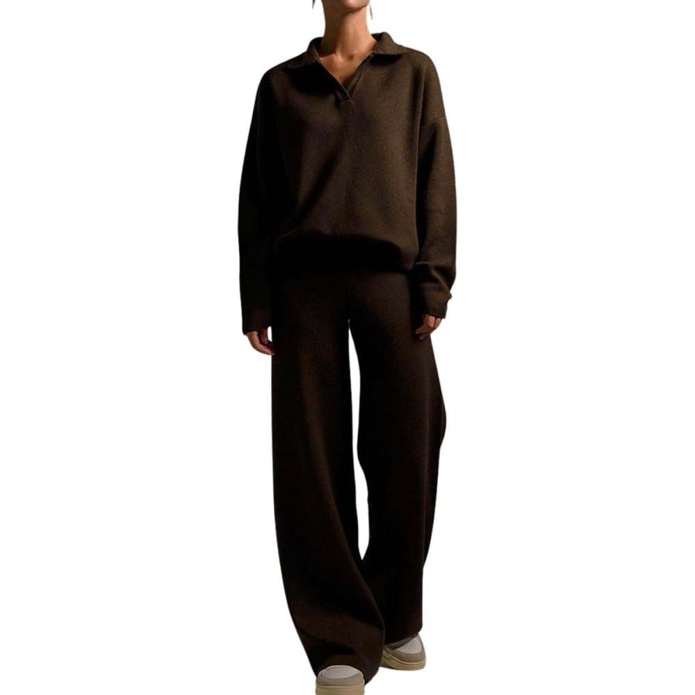 imagechouyatou Womens 2 Piece Lounge Sets Polo Collared Sweater Full Length Pant Two Piece Sweater Pant OutfitsCoffee