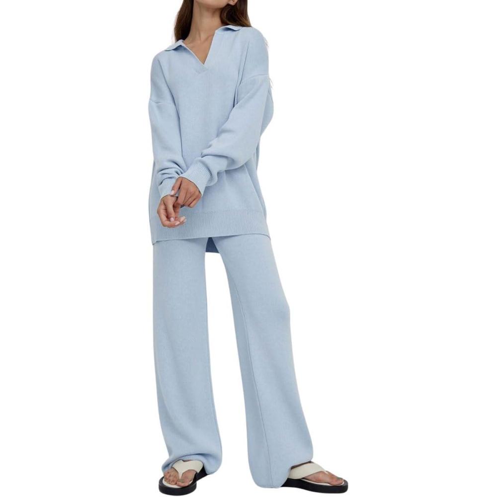 imagechouyatou Womens 2 Piece Lounge Sets Polo Collared Sweater Full Length Pant Two Piece Sweater Pant OutfitsLight Blue