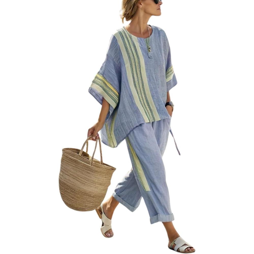 imagechouyatou Womens 2 Piece Outfits Linen Short Sleeve Tops and Elastic Waist Crop Wide Leg Pants Lounge SetsBlue