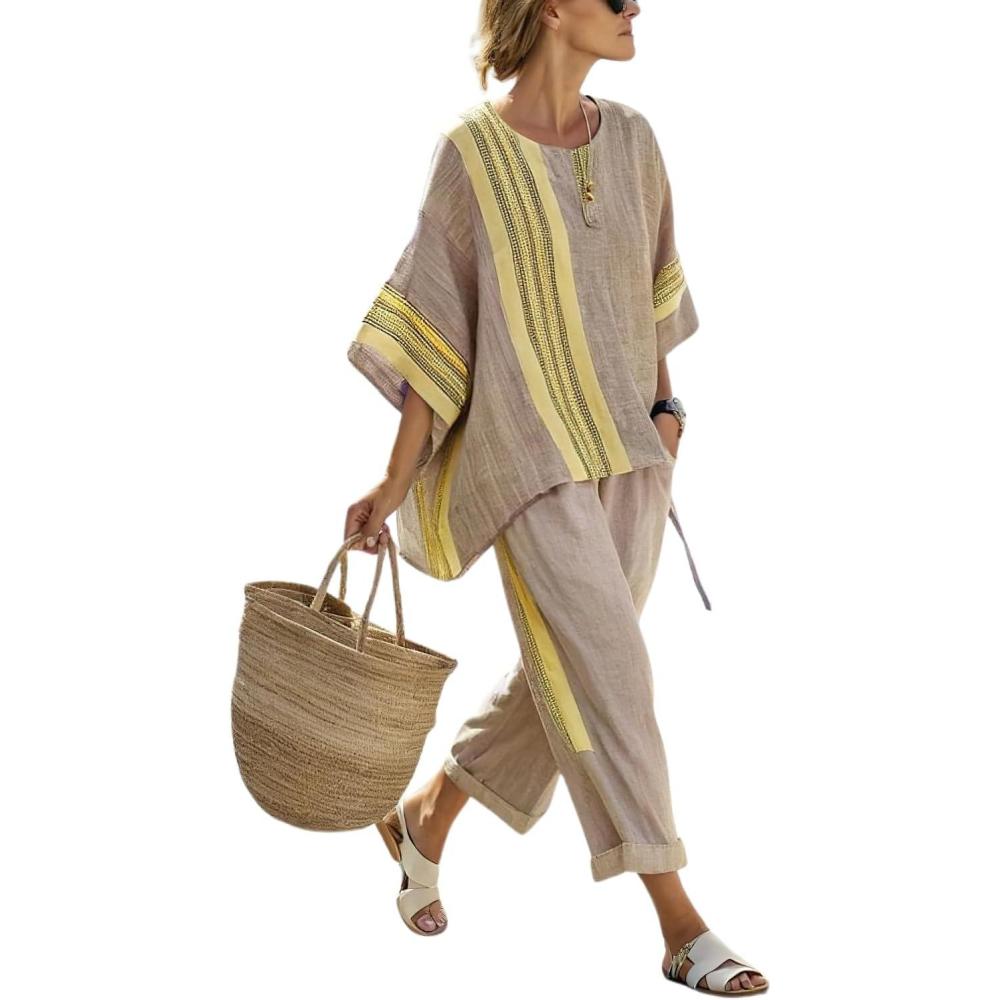 imagechouyatou Womens 2 Piece Outfits Linen Short Sleeve Tops and Elastic Waist Crop Wide Leg Pants Lounge SetsKhaki