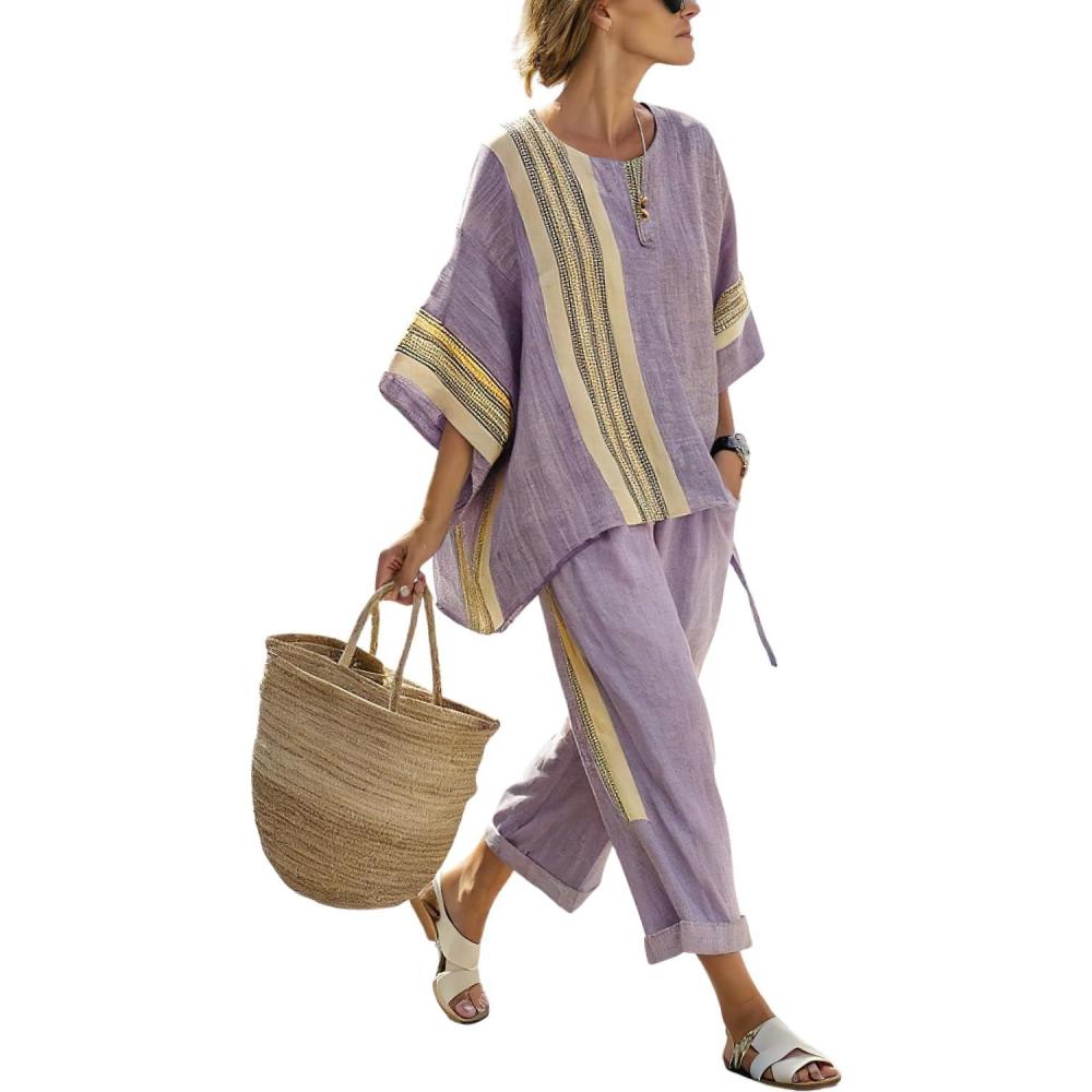 imagechouyatou Womens 2 Piece Outfits Linen Short Sleeve Tops and Elastic Waist Crop Wide Leg Pants Lounge SetsPurple