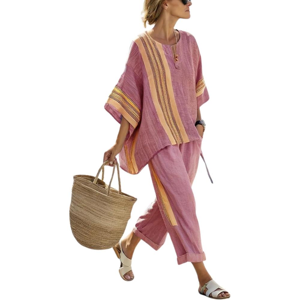 imagechouyatou Womens 2 Piece Outfits Linen Short Sleeve Tops and Elastic Waist Crop Wide Leg Pants Lounge SetsWatermelon Red