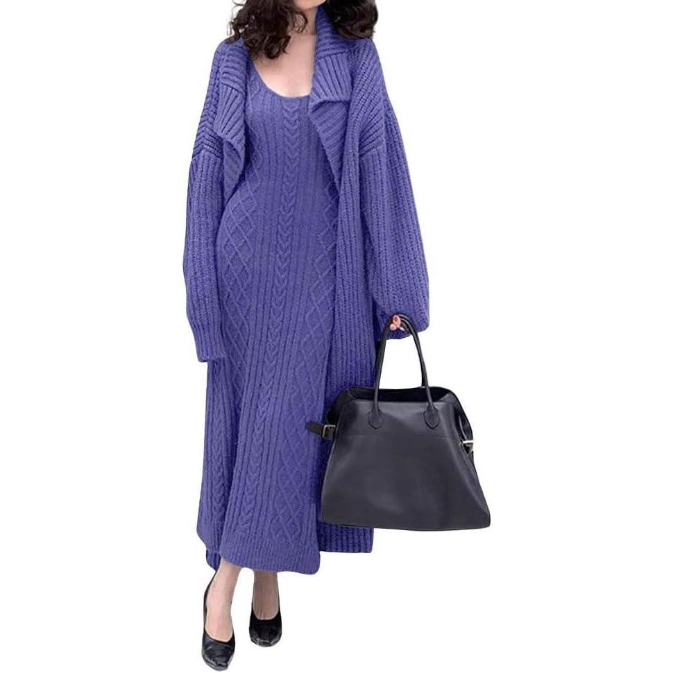 imagechouyatou Womens 2 Piece Outfits Open Front Maxi Cardigan Sweater and Cable Knit Bodycon Long Tank Dress SetsBlue