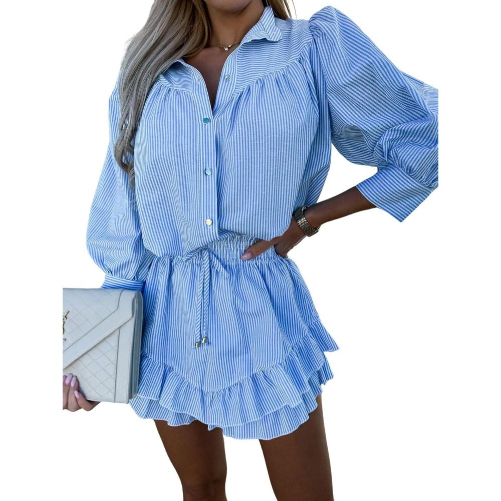 imagechouyatou Womens 2 Piece Outfits Striped Button Down Shirt Ruffled Pleated Mini Skirt Matching SetBlue