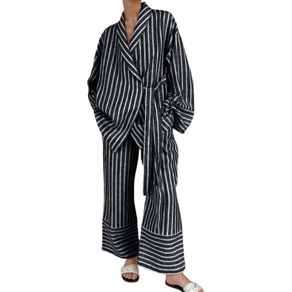 imagechouyatou Womens 2 Piece Striped Lounge Set Oversized Shirt and Wide Leg Cropped Pant Matching SetsBlack