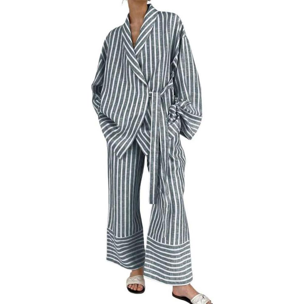 imagechouyatou Womens 2 Piece Striped Lounge Set Oversized Shirt and Wide Leg Cropped Pant Matching SetsGrey