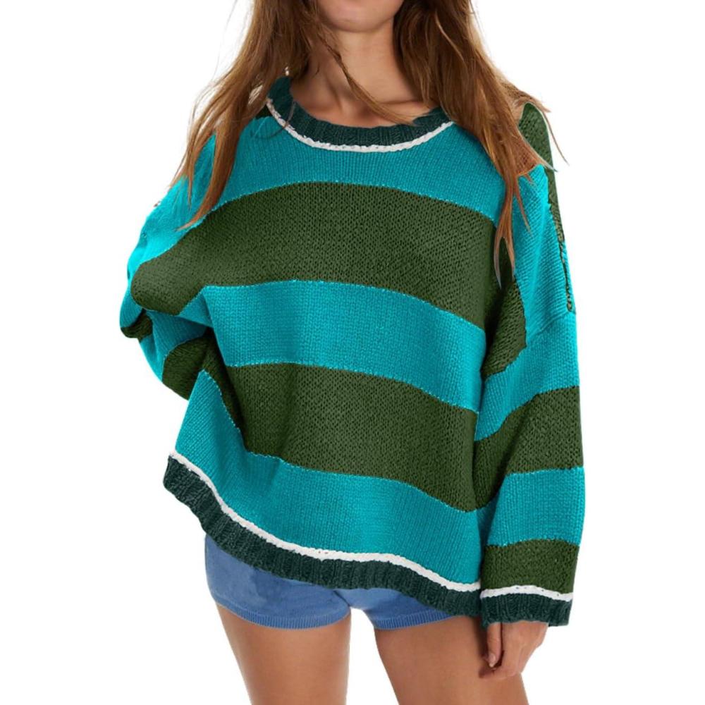 imagechouyatou Womens 2025 Color Block Striped Sweaters Crewneck Long Sleeve Casual Oversized Knitted Sweater TopsGreen
