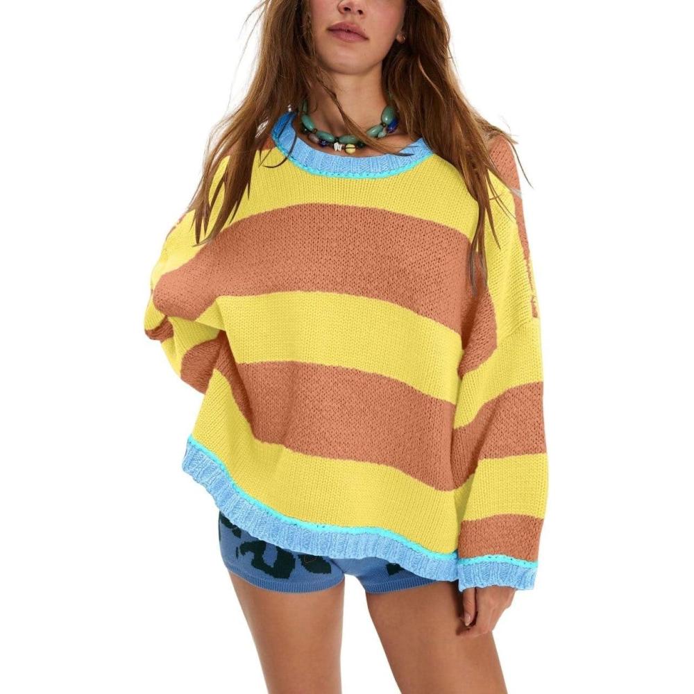 imagechouyatou Womens 2025 Color Block Striped Sweaters Crewneck Long Sleeve Casual Oversized Knitted Sweater TopsOrange and Yellow