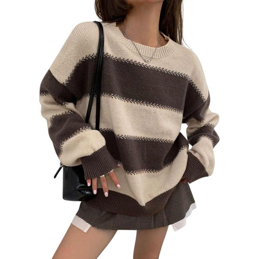imagechouyatou Womens 2025 Contrast Striped Sweaters Y2k Vintage Pullover Sweater Slouchy Knit Jumper TopsApricot
