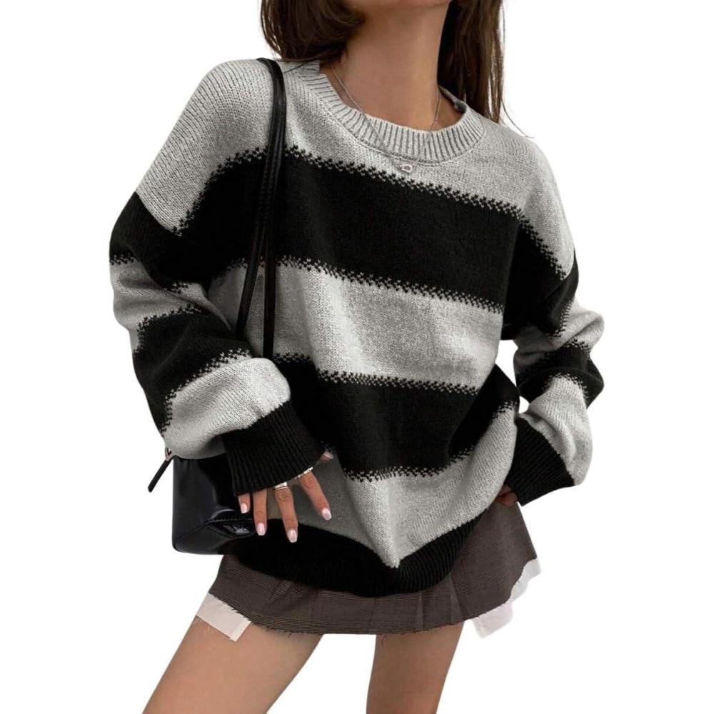 imagechouyatou Womens 2025 Contrast Striped Sweaters Y2k Vintage Pullover Sweater Slouchy Knit Jumper TopsBlack