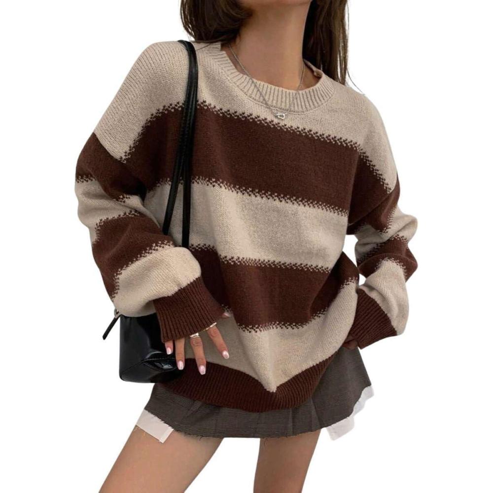 imagechouyatou Womens 2025 Contrast Striped Sweaters Y2k Vintage Pullover Sweater Slouchy Knit Jumper TopsCoffee Brown
