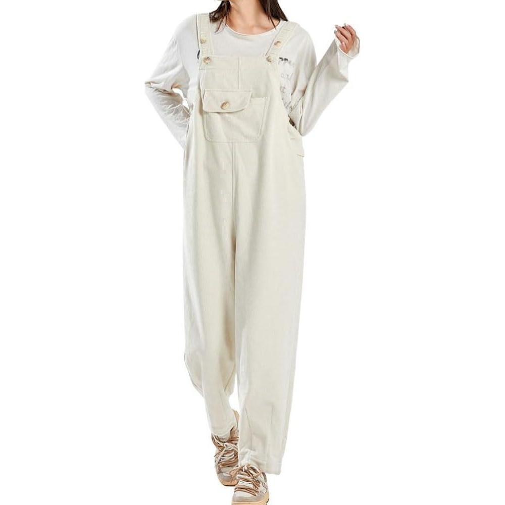 imagechouyatou Womens 2025 Fall Adjustable Strap Corduroy Overall Tapered Leg Jumpsuit Pants with PocketsBeige