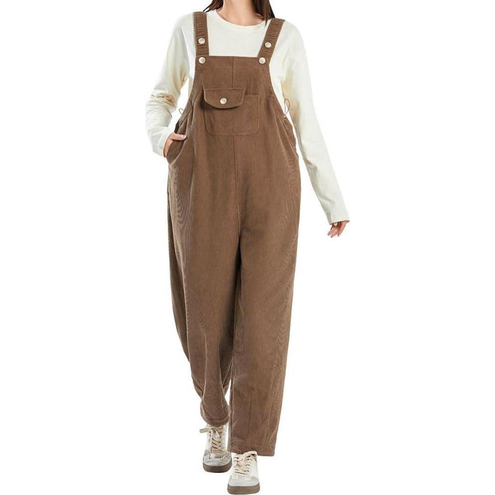 imagechouyatou Womens 2025 Fall Adjustable Strap Corduroy Overall Tapered Leg Jumpsuit Pants with PocketsCoffee