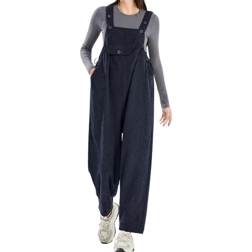 imagechouyatou Womens 2025 Fall Adjustable Strap Corduroy Overall Tapered Leg Jumpsuit Pants with PocketsDark Grey