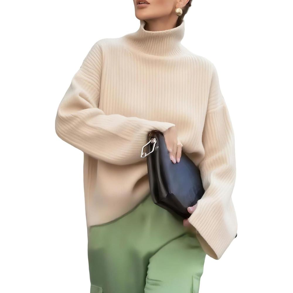 imagechouyatou Womens 2025 Fall Ribbed Knit Turtleneck Sweater Casual Pullover Winter Cozy Sweater Jumper TopApricot