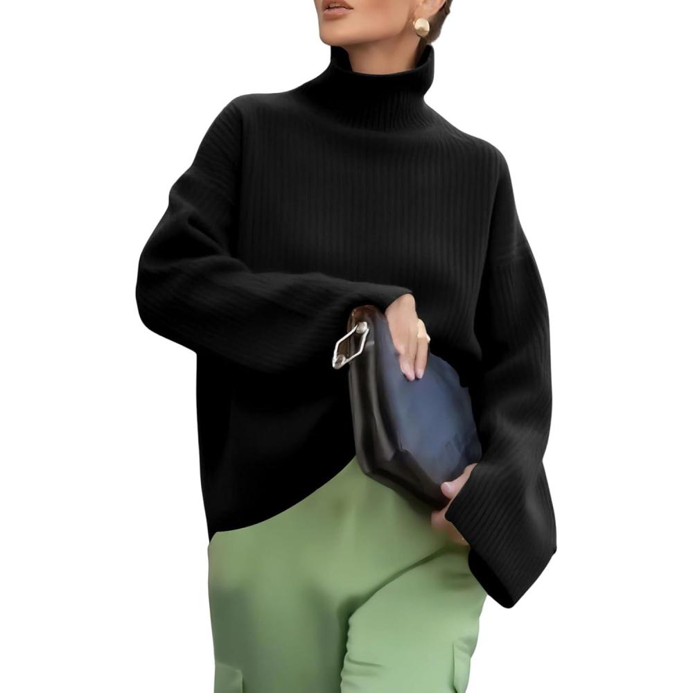 imagechouyatou Womens 2025 Fall Ribbed Knit Turtleneck Sweater Casual Pullover Winter Cozy Sweater Jumper TopBlack