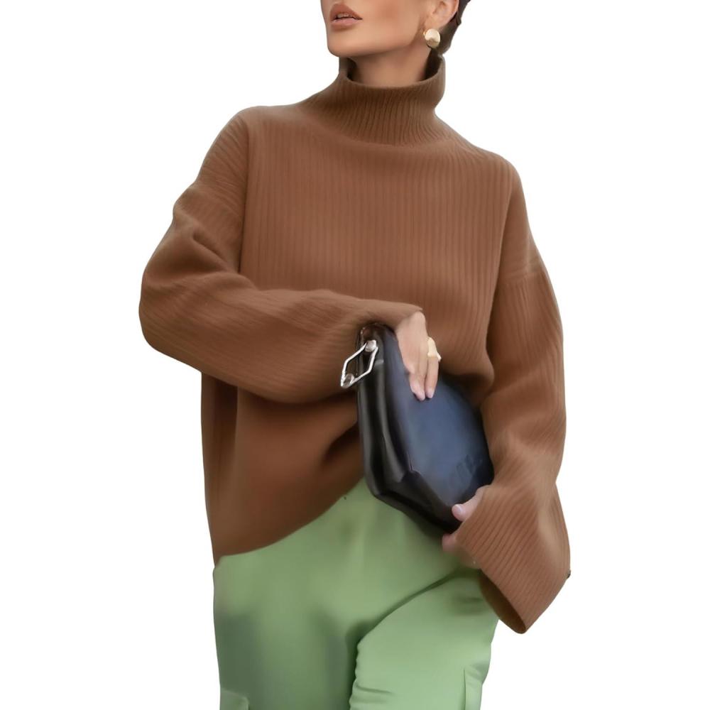 imagechouyatou Womens 2025 Fall Ribbed Knit Turtleneck Sweater Casual Pullover Winter Cozy Sweater Jumper TopBrown