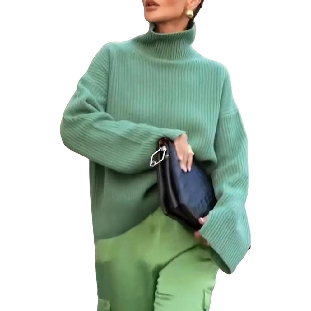 imagechouyatou Womens 2025 Fall Ribbed Knit Turtleneck Sweater Casual Pullover Winter Cozy Sweater Jumper TopGreen