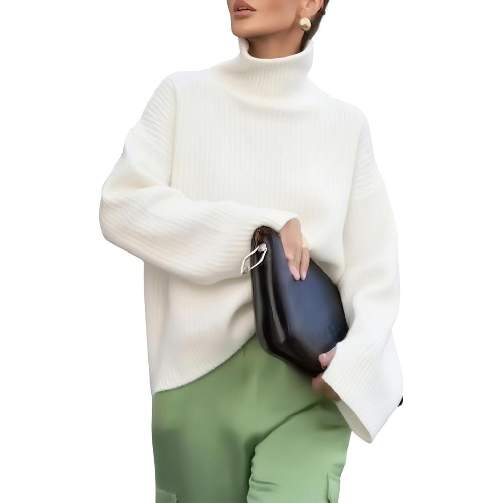 imagechouyatou Womens 2025 Fall Ribbed Knit Turtleneck Sweater Casual Pullover Winter Cozy Sweater Jumper TopWhite