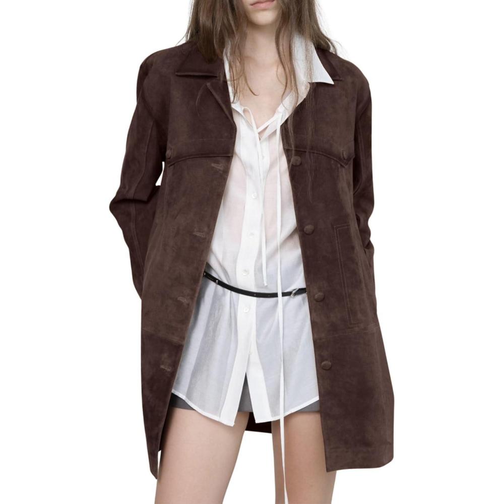 imagechouyatou Womens 2025 Retro Faux Suede Leather Shacket Jacket Lapel Collar Mid Long Jacket CoatCoffee
