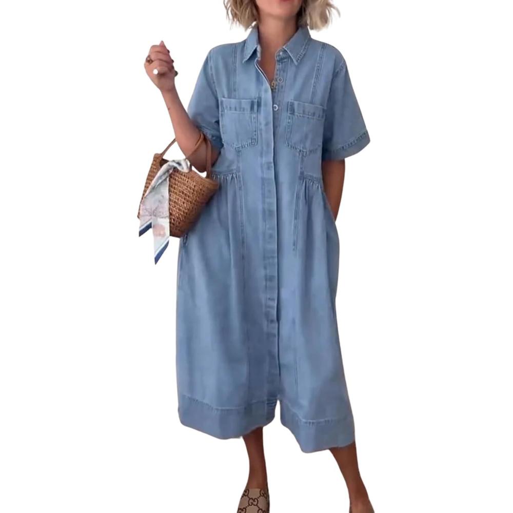 imagechouyatou Womens 2025 Summer Short Sleeve Denim Shirt Dress Midi Long Western Business Casual Jean DressLight Blue
