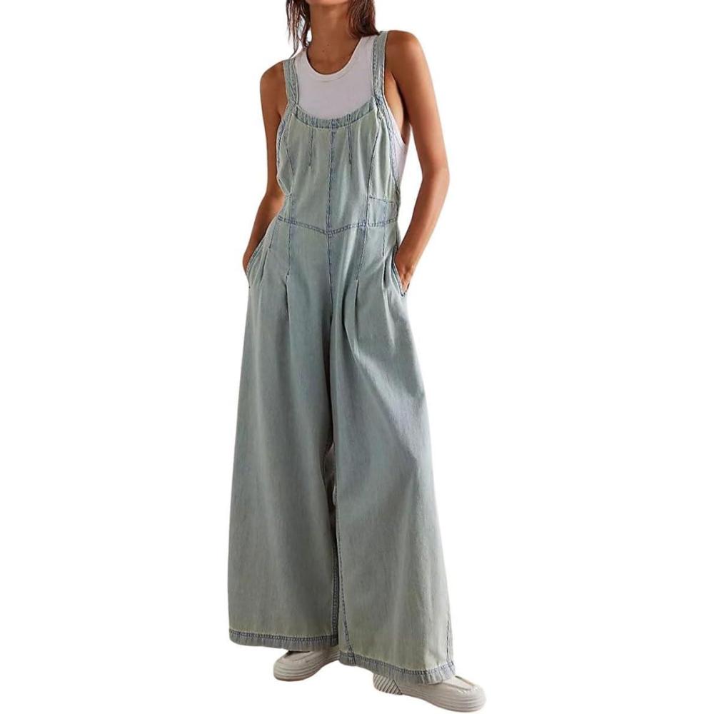 imagechouyatou Womens Adjustable Strap Denim Bib Overall Casual Loose Pleated Wide Leg Jeans Jumpsuits with PocketsLight Blue