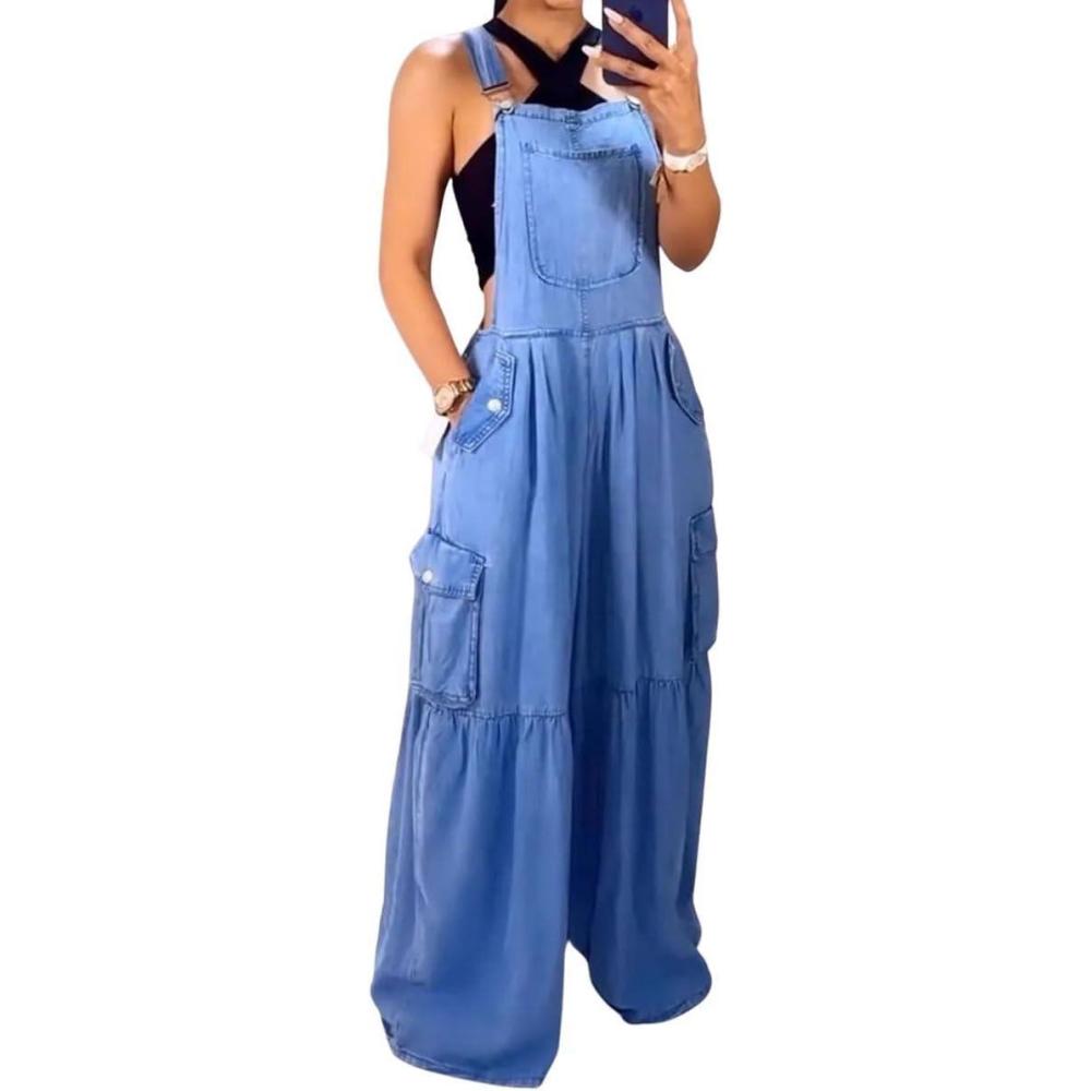 imagechouyatou Womens Adjustable Strap Denim Bib Overall Casual Loose Wide Leg Pocketed Jumpsuit Cargo PantBlue