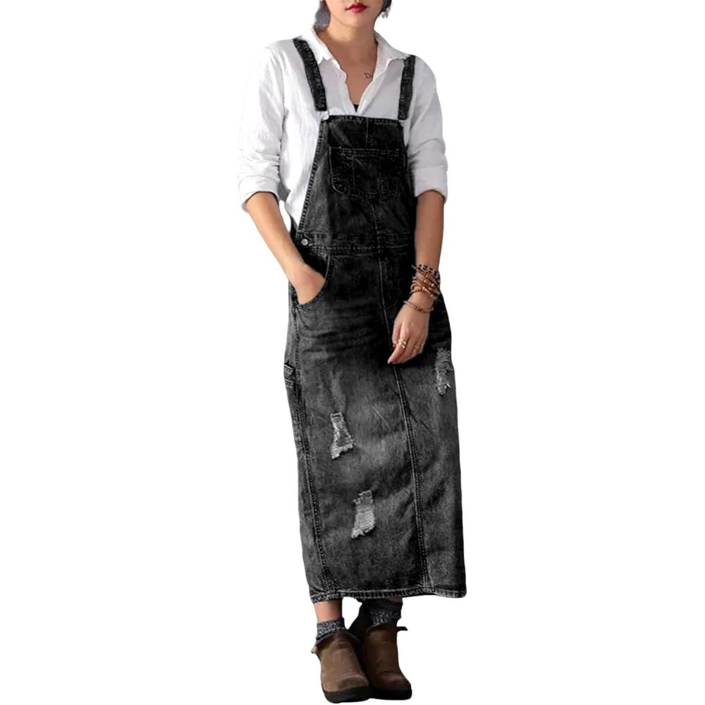 imagechouyatou Womens Adjustable Strap Distressed Denim Overall Dress ALine Pinafore Jean Dress with SplitBlack