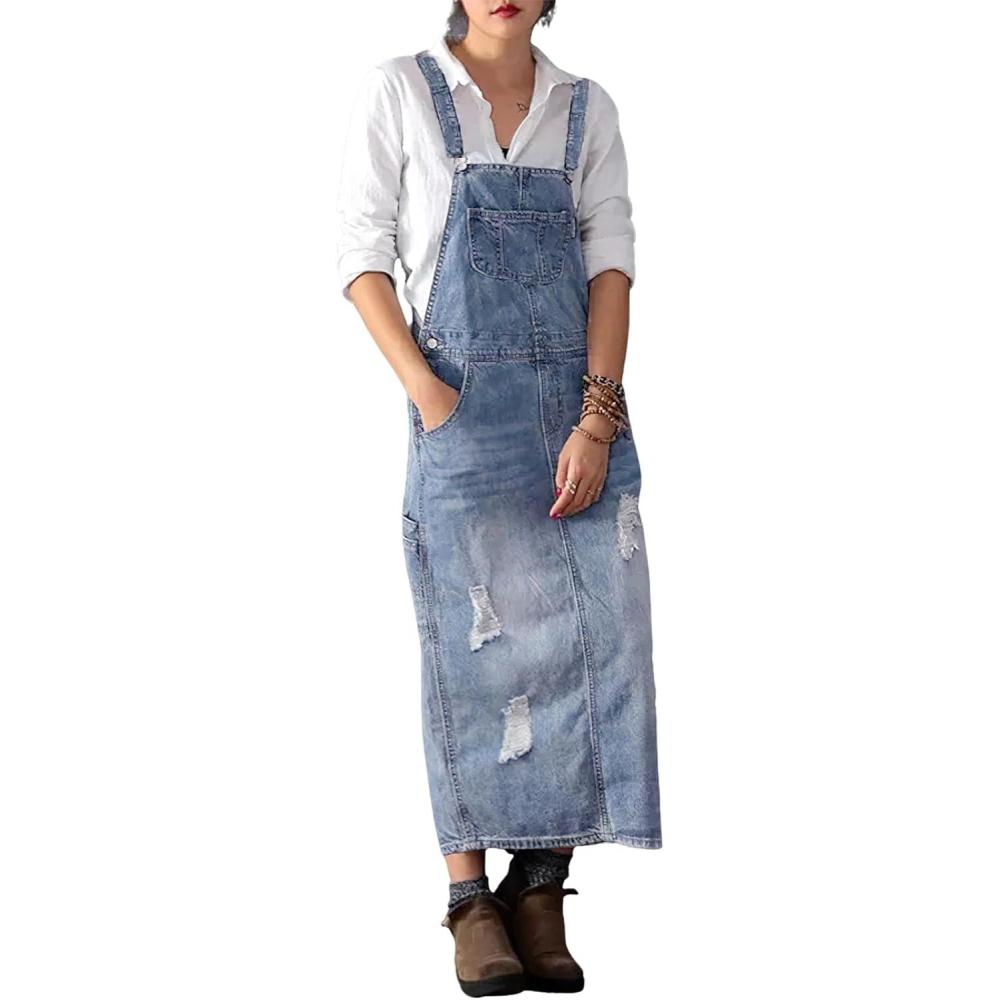 imagechouyatou Womens Adjustable Strap Distressed Denim Overall Dress ALine Pinafore Jean Dress with SplitDenim Blue
