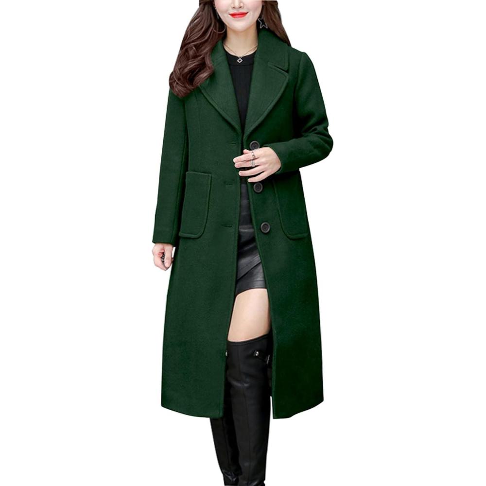 imagechouyatou Womens Big Notch Lapel Single Breasted MidLong Wool Blend CoatGreen