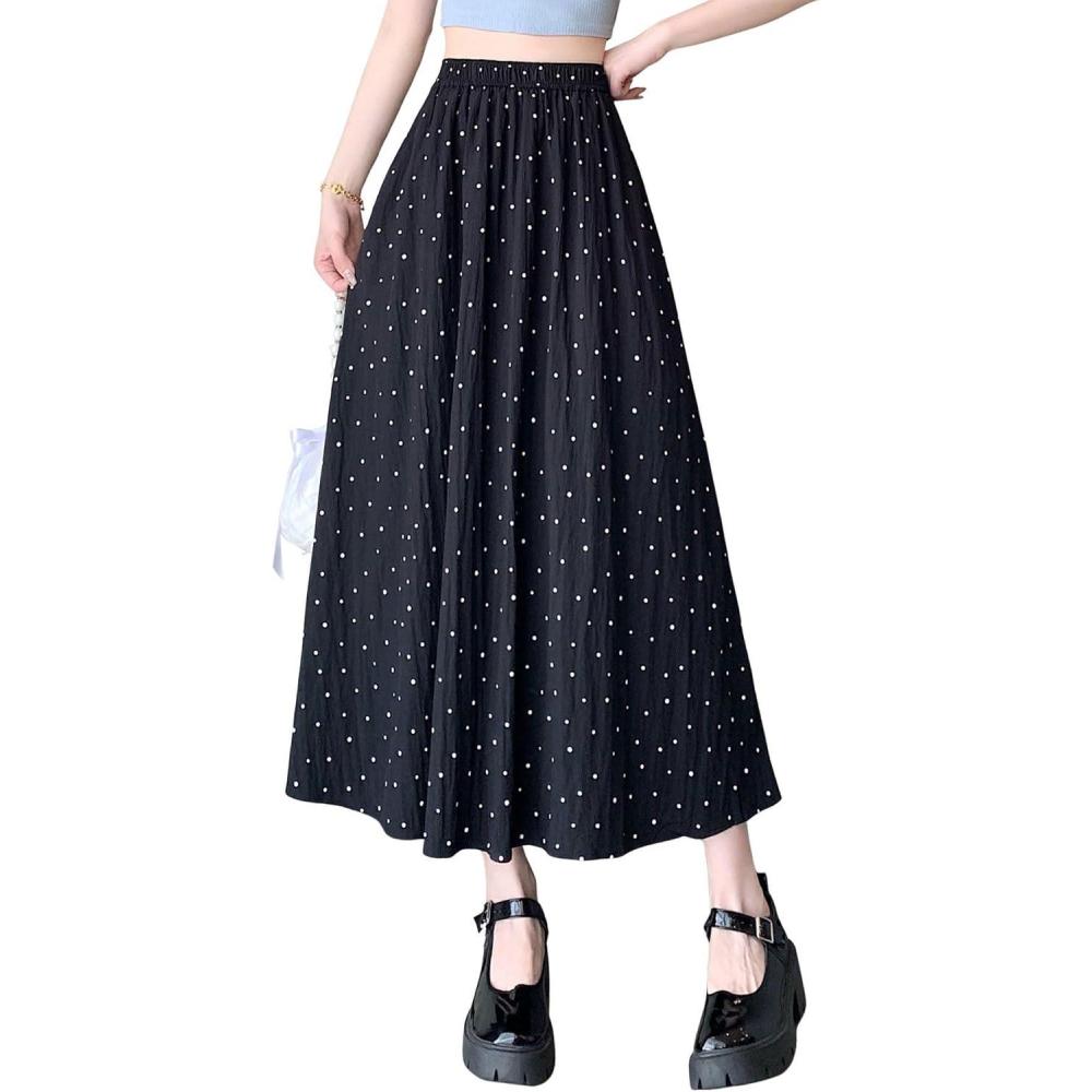 imagechouyatou Womens Boho Ditsy Polka Dot ALine Skirt Elastic Waist Swing Pleated Midi Long Skirt with PocketsBlack