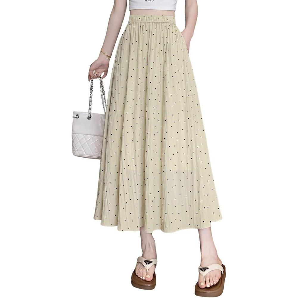 imagechouyatou Womens Boho Ditsy Polka Dot ALine Skirt Elastic Waist Swing Pleated Midi Long Skirt with PocketsKhaki