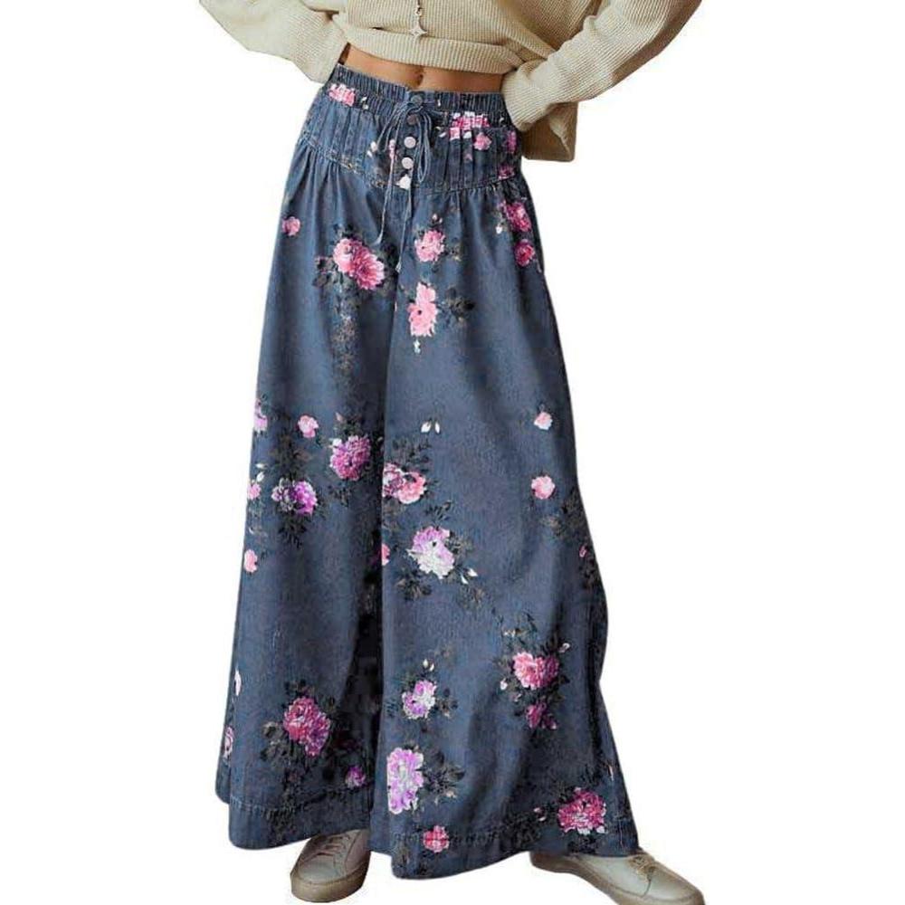 imagechouyatou Womens Boho Wide Leg Floral Denim Pants Pleated Elastic Waist Drawstring Palazzo JeansBlue