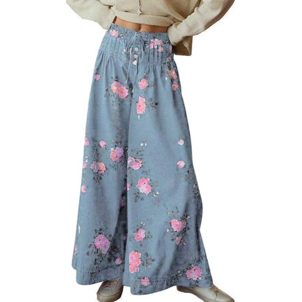 imagechouyatou Womens Boho Wide Leg Floral Denim Pants Pleated Elastic Waist Drawstring Palazzo JeansLight Blue