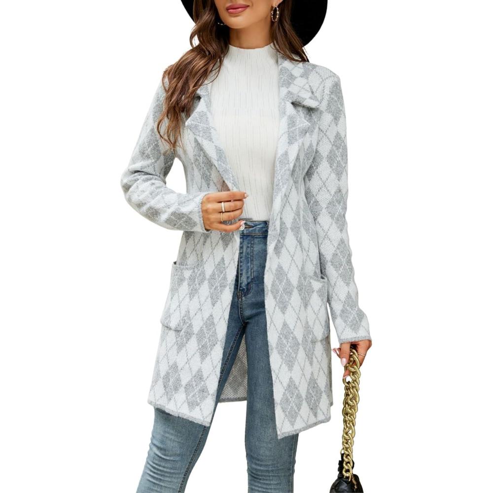 imagechouyatou Womens Business Casual Plaid Sweater Cardigan Open Front Notched Lapel Knit Blazer Jacket CoatGrey