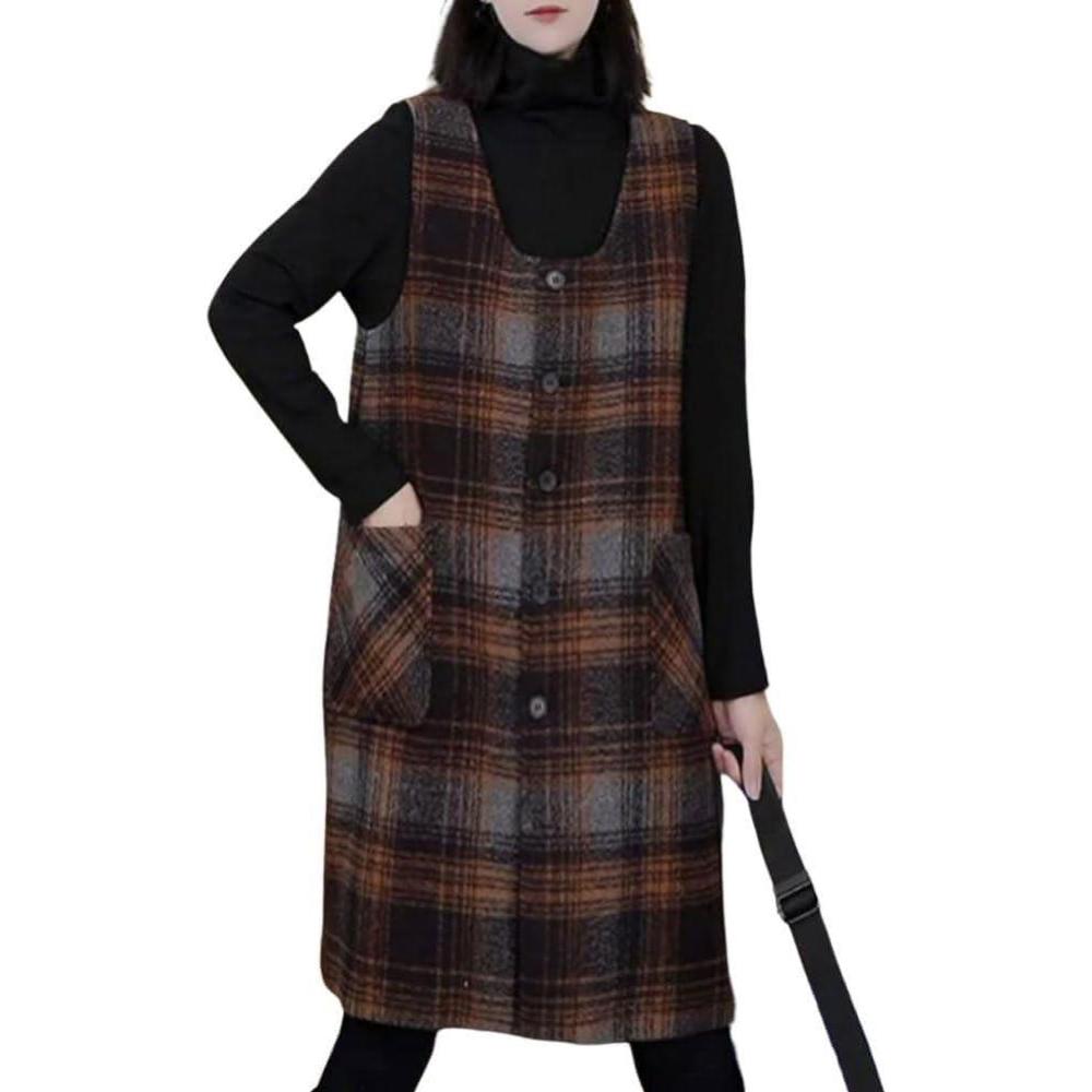 imagechouyatou Womens Button Down Wool Overall Jumper Dress Vintage Plaid Tunic Tank Short Dress with PocketsCoffee