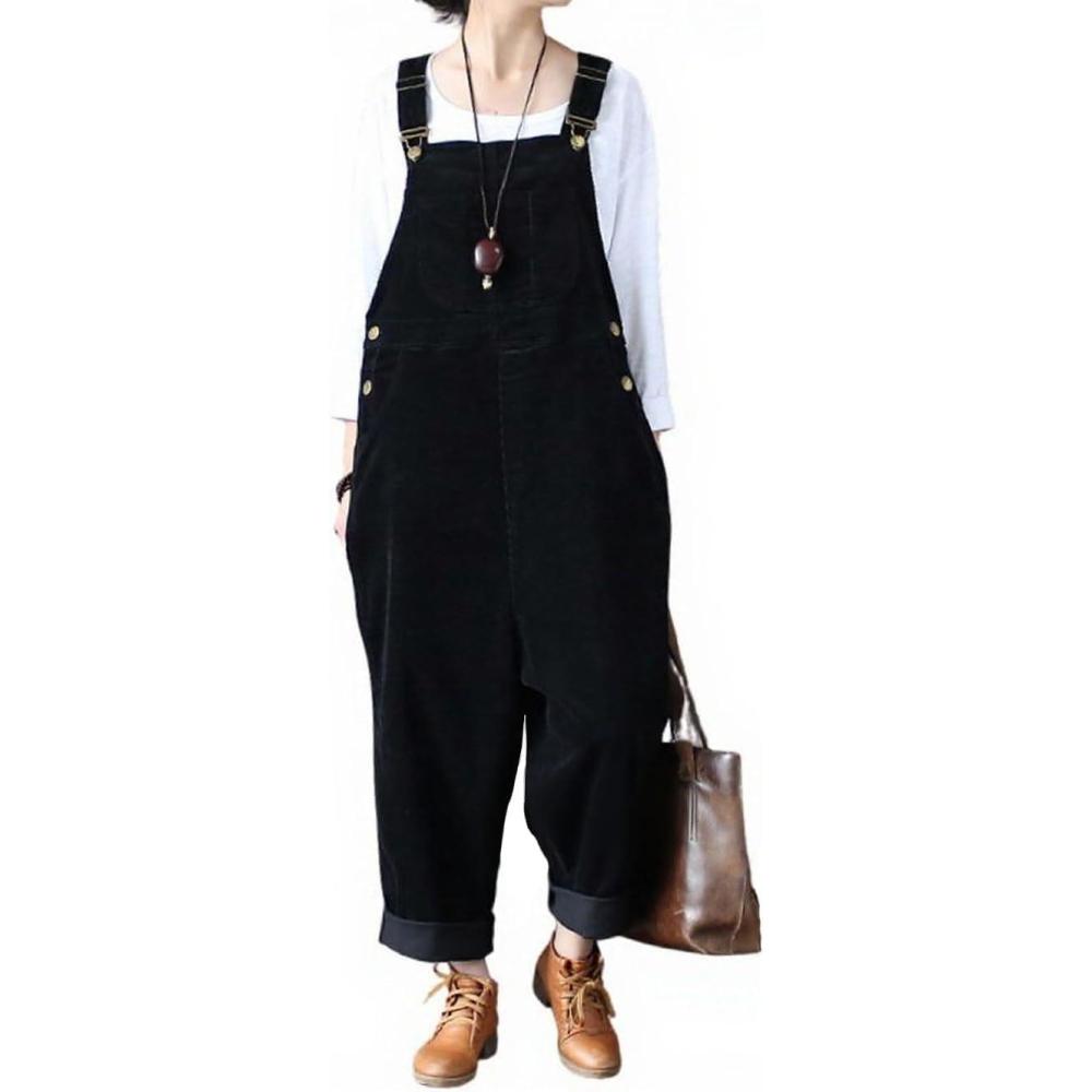 imagechouyatou Womens Cargo Corduroy Harem Overall Pants Wide Leg Adjustable Strap Bib Jumpsuit with PocketsBlack