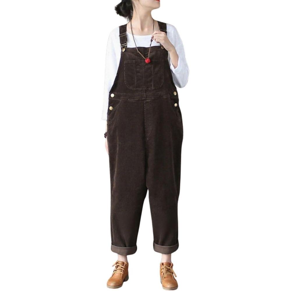 imagechouyatou Womens Cargo Corduroy Harem Overall Pants Wide Leg Adjustable Strap Bib Jumpsuit with PocketsBrown