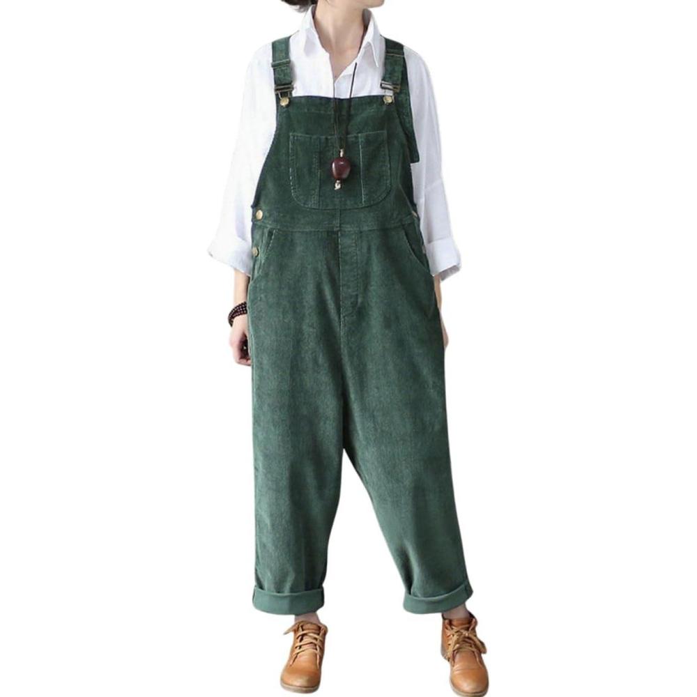 imagechouyatou Womens Cargo Corduroy Harem Overall Pants Wide Leg Adjustable Strap Bib Jumpsuit with PocketsGreen