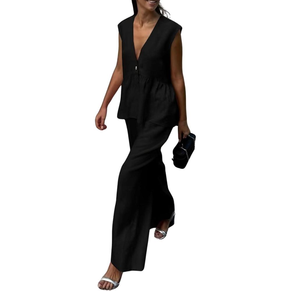 imagechouyatou Womens Casual 2 Piece Outfits Peplum Ruffle Tank Top Wide Leg Long Palazzo Pants Matching SetBlack